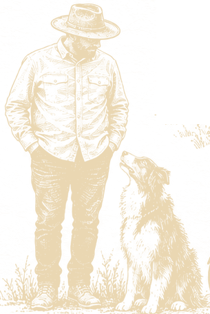 Ink drawing of Yanick standing in the grass with his dog Jackson looking up at him